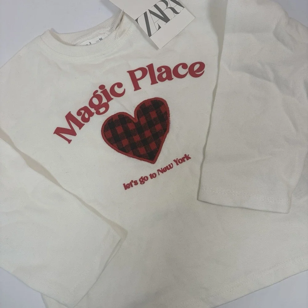 New-Zara Kids 18M Sweatshirt White Heart New York Graphic Crewneck Gingham Magic
